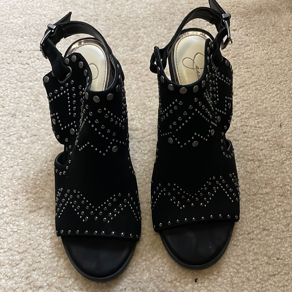 Jessica Simpson black suede open toed boot